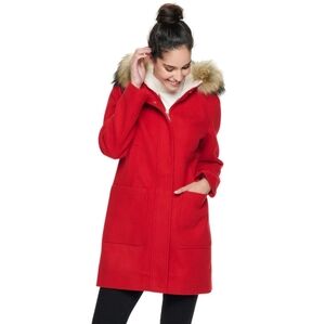 Nine West Vibrant Red Pea Coat with Faux Fur Trim